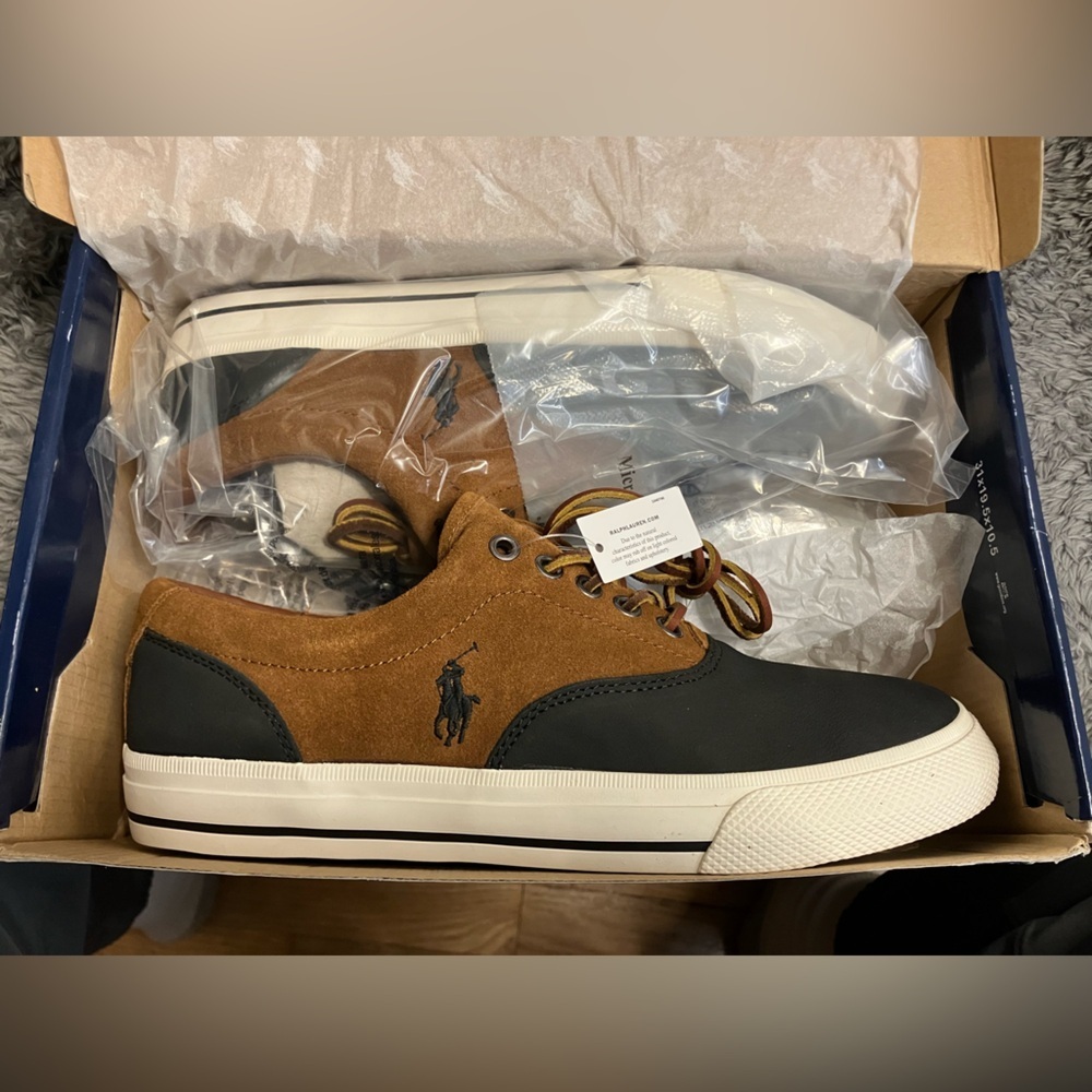 NIB Ralph Lauren Polo Vaughn Leather Men’s Saddle Sneakers Shoes Size 8.5 - Picture 4 of 13